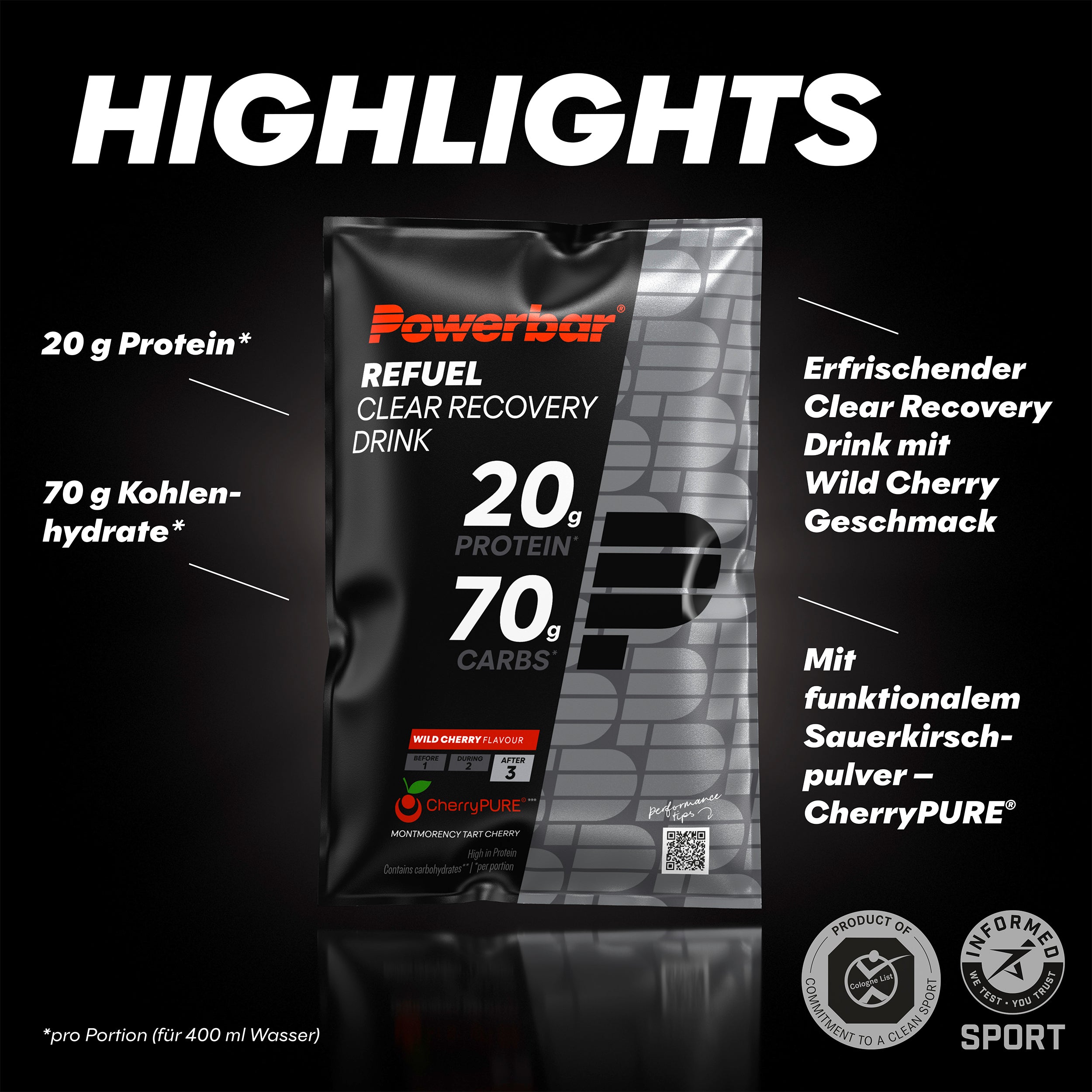 highlight image for Refuel Clear Recovery Drink - 10 Single serves (10 x 97g) Wild Cherry