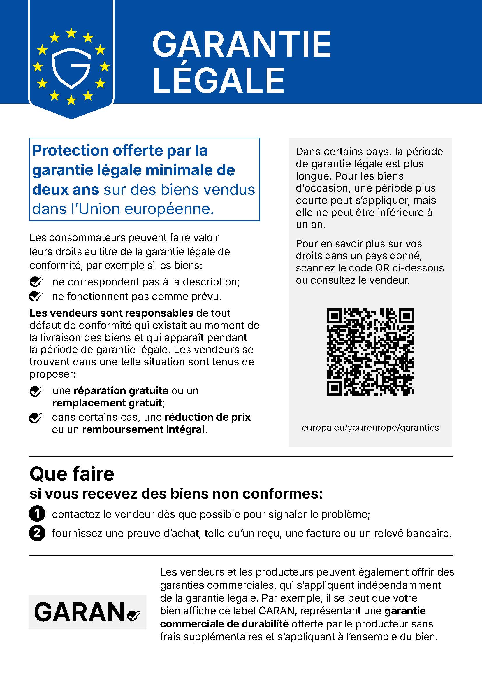 Avis relatif à la garantie légale de conformité