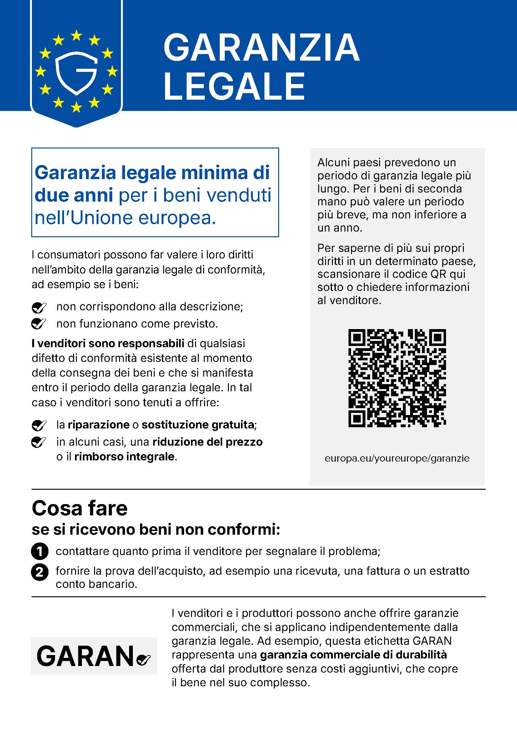 Avviso sulla garanzia legale di conformità