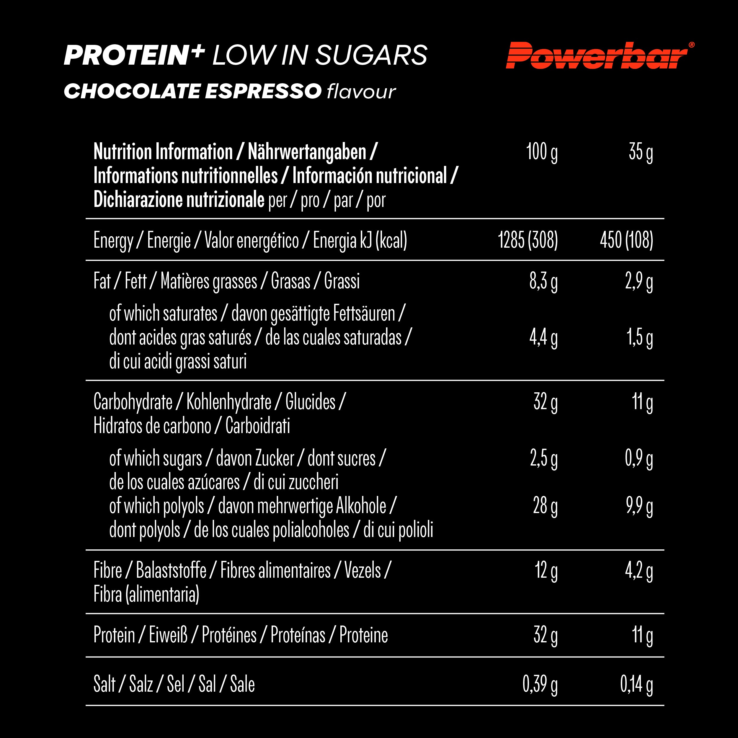 nutrition image for Protein+ Low in Sugars - 1 Box (16 x 35g) Chocolate Espresso